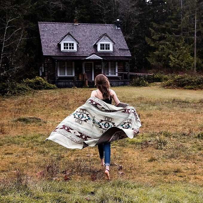 Inca Aztec Throw, Queen, King Blanket | Southwest Indian Navajo Boho Style | Native Cover for Camping, Bedding, Couch, Vanlife | Faux Alpaca, Lightweight, Hypoallergenic (Chimborazo Beige, King)