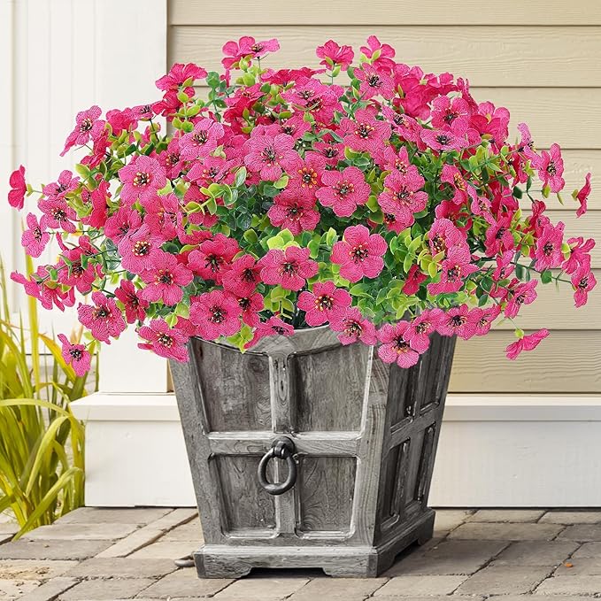 10 Bundles Artificial Faux Flowers for Outdoor,10Pcs Fake Flowers for Home Decor,Plastic Flowers Shrubs Lifelike Artificial Greenery Home Porch Stems Outside Decor(Rose Red)