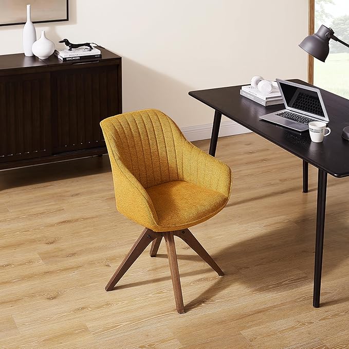 Art Leon Desk Chair No Wheels - Mid Century Modern Office Chair, Swivel Accent Chair with Oak Wood Legs, Fabric Upholstered Arm Chair, Yellow