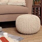 REDEARTH Round Pouf Ottoman - Cable Knitted Boho Poof - Home Décor Cord Pouffe Handmade Circular Footrest for Living Room - Bedroom - Kids Bedroom - 100% Cotton Pouf (19.5"x19.5"x14") - Ivory
