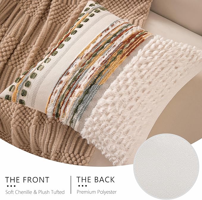 Boho Chenille Tufted Couch Throw Pillow Covers 18x18 Inch Set of 2 Farmhouse Striped Decorative Pillow Covers Accent Neutral Pillowcase Forest Cushion Cover for Living Room Sofa Bed