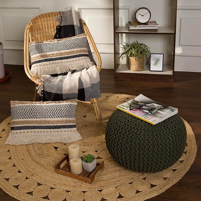 REDEARTH Round Hand Knitted Pouf - Foot Stool Bean Bag Ottoman - Cord Boho Pouffe - Poof Accent Beanbag Footrest for Living Room - Bedroom - Patio - Lounge (19.5"x19.5"x14") - Olive