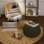 REDEARTH Round Hand Knitted Pouf - Foot Stool Bean Bag Ottoman - Cord Boho Pouffe - Poof Accent Beanbag Footrest for Living Room - Bedroom - Patio - Lounge (19.5"x19.5"x14") - Olive