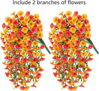 Artificial Faux Fall Hanging Flowers Plants for Outdoor Decor,2 PCS Fake Silk Morning Glory with Eucalyptus UV Resistant Realistic Vine for Wall Home Porch Patio Balcony Yard Decor,Yellow and Orange