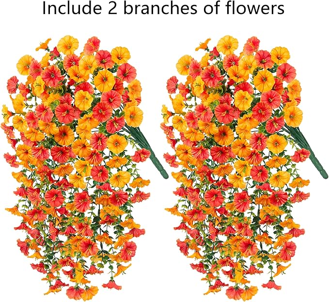 Ivydale 2 PCS Artificial Hanging Flowers Fake Plants Outdoor,Silk Morning Glory Faux Flowers with Eucalyptus Leaves,UV Resistant Realistic Hanging Plants for Home Garden Decor (Yellow+Orange)