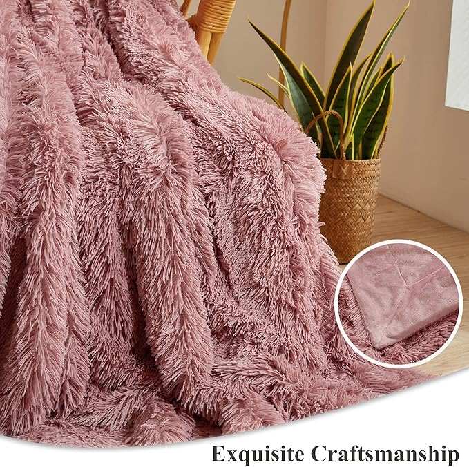 XeGe Plush Faux Fur Throw, Dusty Pink Luxurious 50x60 Shaggy Furry Blanket, Fluffy Microfiber Velvet Couch Throw, Ultra Soft Warm Fuzzy Lap Blanket for Sofa Bed Chair Car Office, Dusty Pink