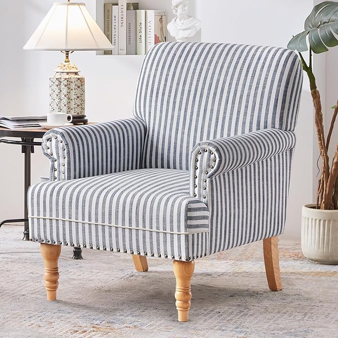 HUIMO Linen Fabric Accent Chair, Mid-Century Modern Armchair with Solid Wood Legs, Single Sofa Chair,Upholstered Reading Club Chair (1, Dark Blue and White Stripe)