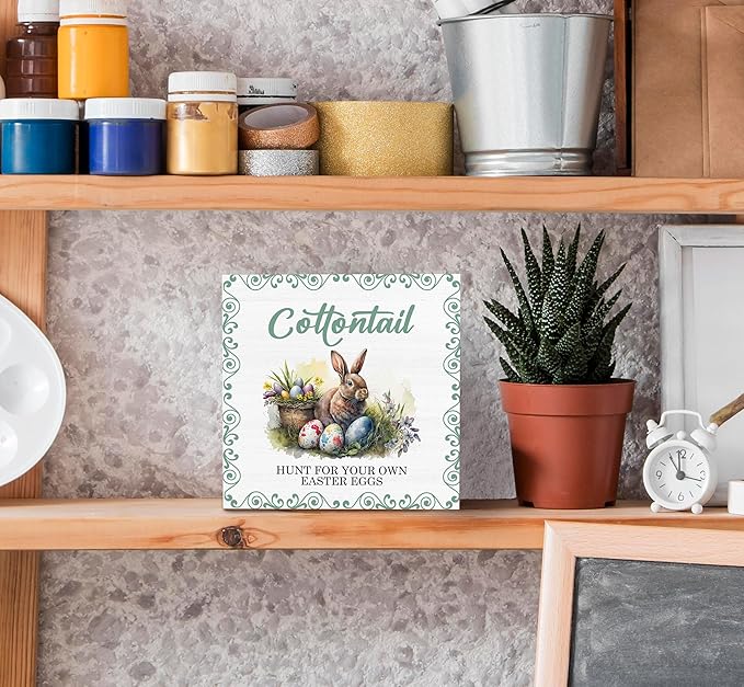 SRADMO Easter Wooden Block Decorative Sign, 5x5 inches, Wood, Tabletop Mount, Multicolor, Easter Theme, Rustic Style, Pre-Printed Text: Cottontail