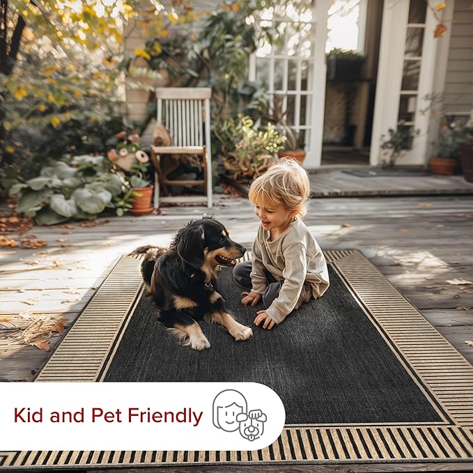 nuLOOM 6'7" Round Outdoor Area Rug, Casual Design With Striped Border, Stain Resistant, Highly Durable, For Patio, Balcony, Bedroom, Living Room, Dining Room, Bathroom, Dark Grey