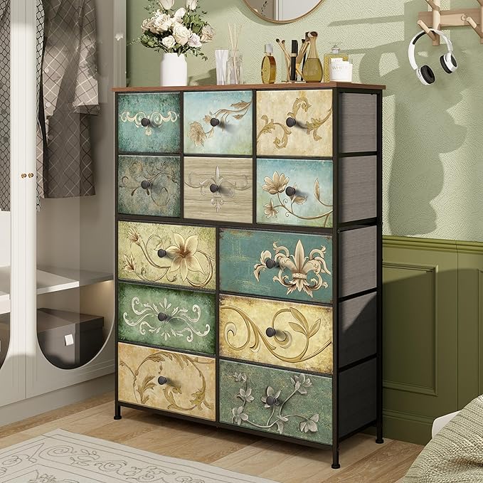 Tohomeor Dresser with Drawers for Bedroom Chest of Drawers Fabric Dresser for Closet,Nursery Entryway Hall Tree TV Stand for Living Room Retro Floral Pattern Drawers Wooden Top (12 Drawers)