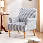HUIMO Linen Fabric Accent Chair, Mid-Century Modern Armchair with Solid Wood Legs, Single Sofa Chair,Upholstered Reading Club Chair (1, Dark Blue and White Stripe)