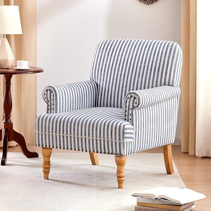 HUIMO Linen Fabric Accent Chair, Mid-Century Modern Armchair with Solid Wood Legs, Single Sofa Chair,Upholstered Reading Club Chair (1, Dark Blue and White Stripe)