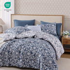 Full Comforter Set -7 Pieces Floral Oxford Blue Comforter Set for All Seasons, Bed in a Bag Full with Botanical Flowers Comforter, Sheets, Pillowcases & Shams