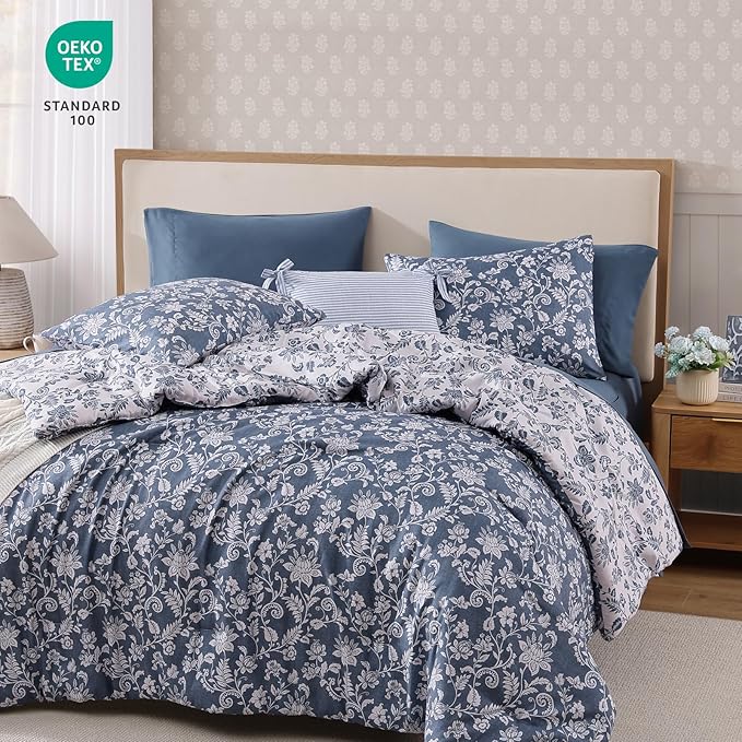 Queen Comforter Set -7 Pieces Floral Oxford Blue Comforter Set for All Seasons, Bed in a Bag Queen with Botanical Flowers Comforter, Sheets, Pillowcases & Shams