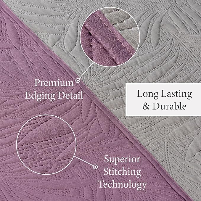 Vianney King Size Comforter Novo Mallow Bedding Reversible Lightweight Quilt Blanket 110x93 Inches Soft Cozy Throw for Couch or Bed in Light Purple and Light Grey with Palm Leaf Quilt Pattern