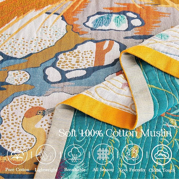 Fall Throw Blanket for Couch, Yellow Boho Decorative Throw Blanket, 100% Cotton Muslin Breathable Woven Farmhouse Blankets Quilt, 90"x98" Reversible Lightweight Blankets Bohemian Throw Quilt