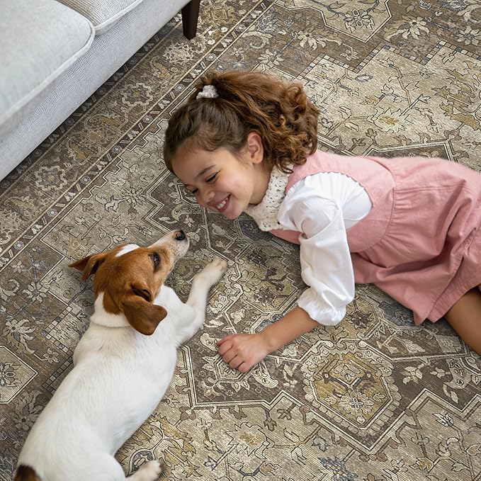 GENIMO 2x7 Runner Rugs for Hallway, Machine Washable Non Slip Vintage Rugs, Low Pile Lightweight Soft Print Rug for enrtyway, Corridor, Home Office, Kitchen, Rustic Brown