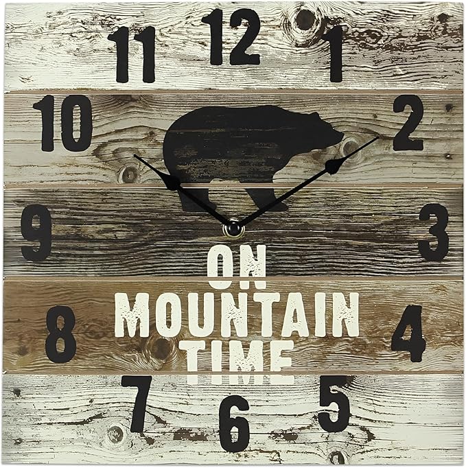 Young's Inc Wooden Mountain Time Wall Clock with Bear - 12" W x 12" H - Farmhouse Living Room Decor - Rustic Wall Clock