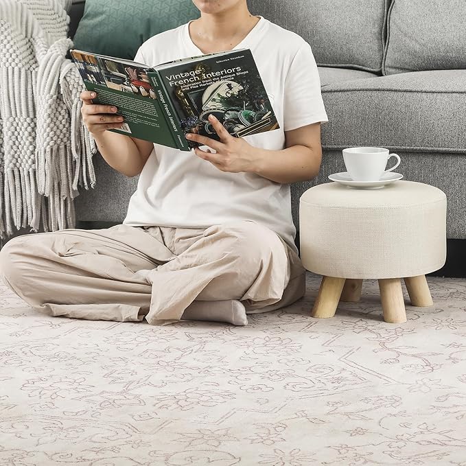 Asense Small Round Ottoman Foot Rest Stool Fabric Padded Seat Footstool Ottoman with Non-Skid Wooden Legs (Beige,Fabric)