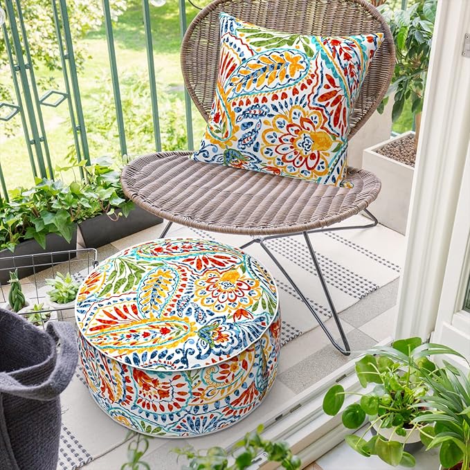 Inflatable Ottoman Stool D21 xH9 for Outdoor/Indoor Use, Water Repellent Patio Foot Rest Stool with Portable Handle,Round Pouf Ottoman Suitable for Garden,Deck and Camping - Paisley Multi