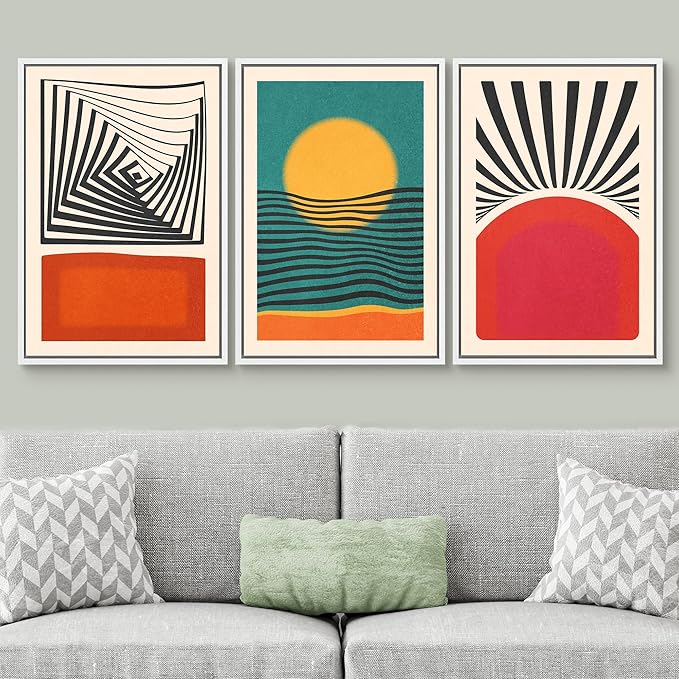 SIGNWIN Framed Canvas Print Wall Art Set Mid-Century Rising Sun & Color Blocks Abstract Geometric Illustrations Graffiti & Street Art Modern Art for Living Room, Bedroom, Office - 24"x36"x3 White