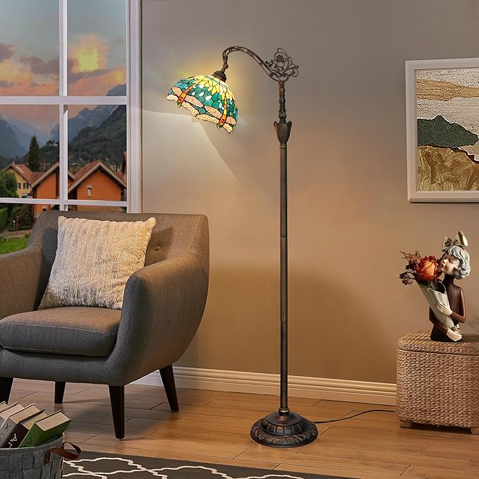 Tiffany Floor Lamp Green Dragonfly Stained Glass Lamp Adjustable Gooseneck Standing Reading Light 63 inches Tall Standing Lamp for Living Room Bedroom and Office