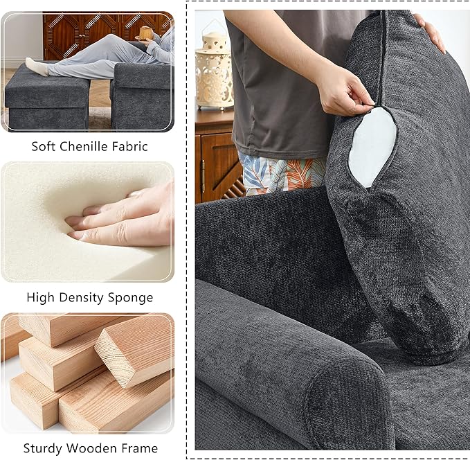 35.82” Accent Chair with Ottoman Upholstered Living Room Chairs for Reading Chair with Chaise Lounge Chairs Indoor, Comfortable Armchair for Bedroom (Gray, 35.82")