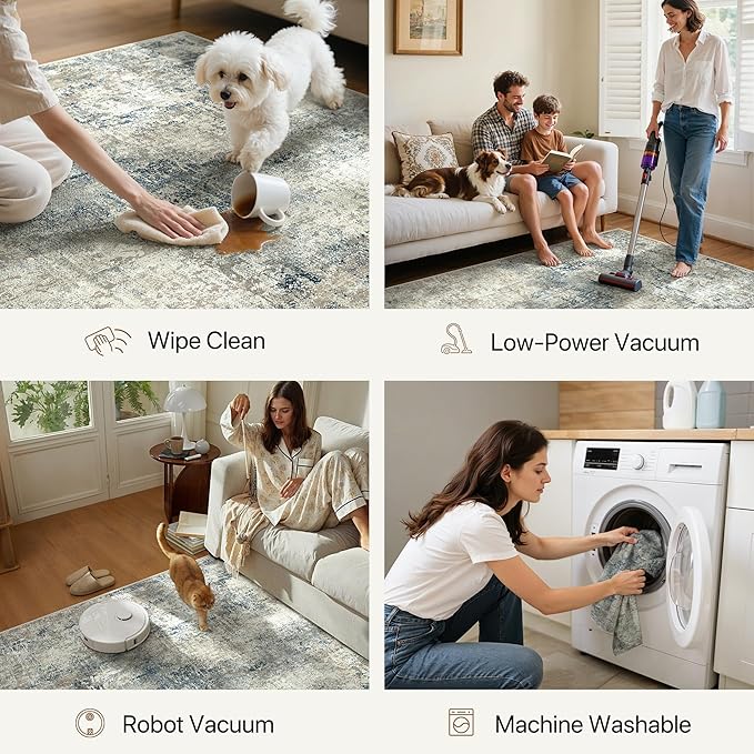 Area Rugs 10x12 for Living Room Bedroom, Modern Abstract Machine Washable Rug, Large Soft Low Pile Floor Carpet with Non Slip Backing for Dining Room, Light Gray Blue