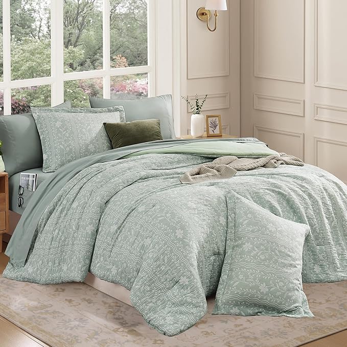 King Comforter Set -7 Pieces Green Floral Comforter Set for All Seasons, Bed in a Bag King with Botanical Flowers Comforter, Sheets, Pillowcases & Shams