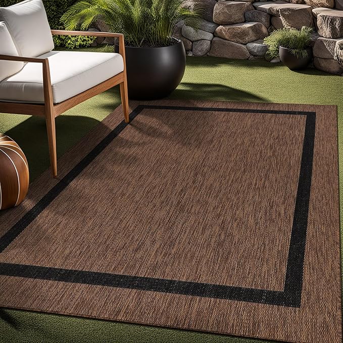 Bordered Outdoor Rug 9x12 Washable Outside Carpet for Indoor Patio Porch Waterproof Easy Cleaning Non Shedding Area Rugs Nut Brown - Black 9 x 12