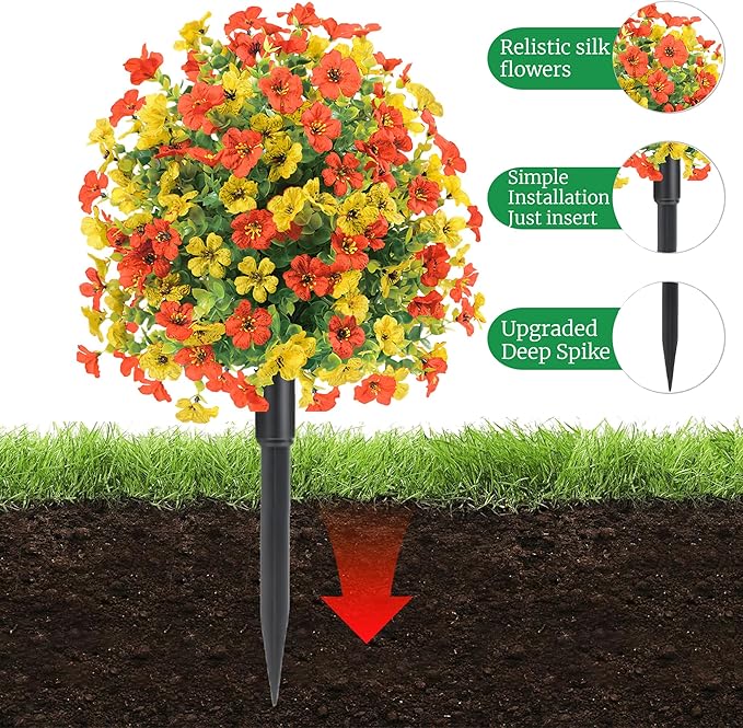 22.8" Set of 2 Fall Artificial Boxwood Topiary Ball with Spikes,UV Resistant Fake Outdoor shrubs with Violet Flowers, Faux Plants Bushes for Garden Front Porch Yard Patio(Yellow+Orange)