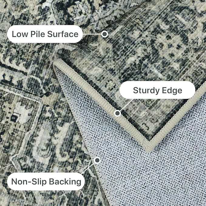 GENIMO Machine Washable 9x12 Area Rugs for Living Room, Non Slip Vintage Rugs, Low Pile Lightweight Chenille Print Rug for Bedroom, Dining Room, Home Office, Night Black