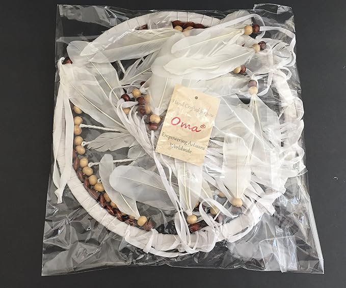OMA Dream Catcher, Tree of Life Design with Feathers and Beads, White Suede Authentic Traditional Dream Catcher Boho Home Decor Bedroom Decoration Gift - Large Size - 36" Long x 11" Diameter (Brown)