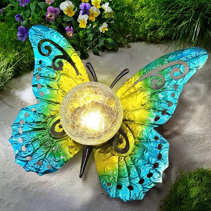 Solar Lights Outdoor Garden Butterfly Decor, Metal Butterfly Statue Decoration with LED Crackle Glass Globe, Solar Powered Lighted Garden Art Decor for Patio Lawn Yard Pathway Tabletop Ground