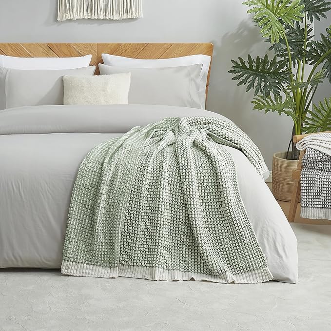 Amélie Home Chenille Waffle Throw Blanket for Couch, Reversible Pineapple Stitch Knit Soft Cozy Knit Blanket Lightweight Warm Decorative Throw for Sofa, Bed, Living Room, 50"x60", Sage Green&Ivory