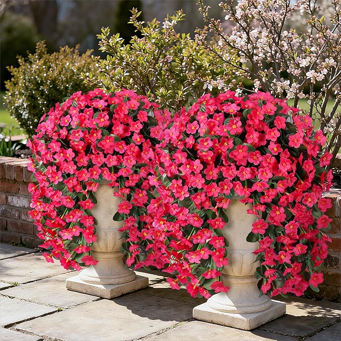 HyeFlora Artificial Fake Outdoor Outside Hanging Plants Flowers Vines for Fall Decoration, 2PCS Faux Silk Daisy Mums UV Resistant Look Real Hotpink Orchid Vine for Indoor Home Balcony Porch Planter