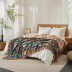 Boho Throw Blanket for Bed 80”x90”, 100% Cotton Woven Blanket for Couch Sofa, Ultra Soft 4-Layer Muslin Quilt with Floral Printed, Farmhouse Bed Blanket/Cover for Living Room Decor