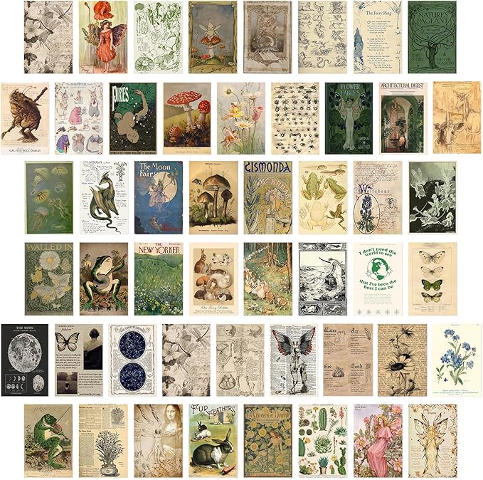 KBKBART Vintage Fairycore Decor Aesthetic Pictures, 50 Pcs Fairycore Room Decor, Retro Cottagecore Earthy Wall Art Vintage Fairy Posters Wall Collage Kit for Dorm Bedroom (4"x6")