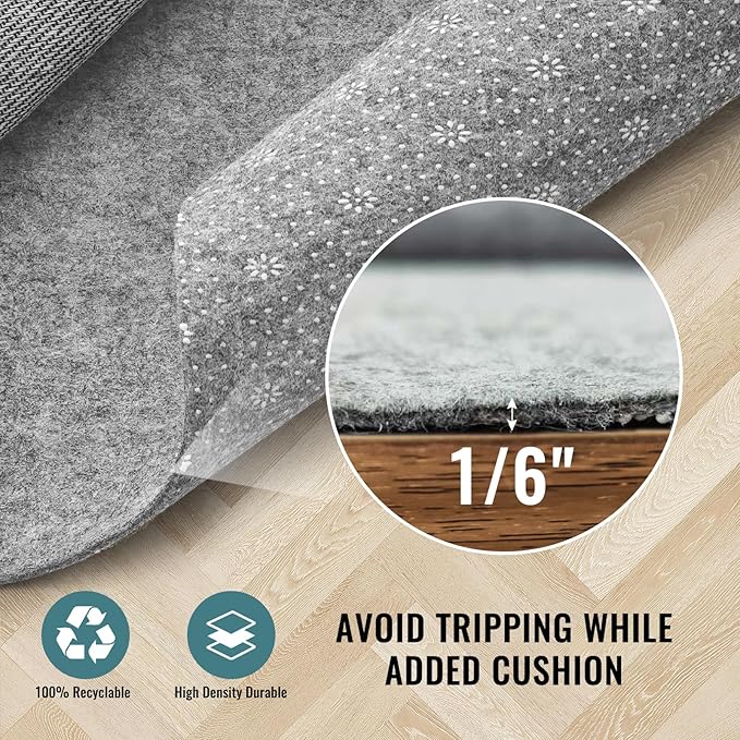 Back Side 3D PVC Dots Felt Rug Underpad, 9x12 Ft,1/6 Inch Thick Cushioned Rug Pad Gripper for Hardwood Floors, Vinyl, Laminate, Stone, Carpet & Tile, Under Rug Padding Protects Floors