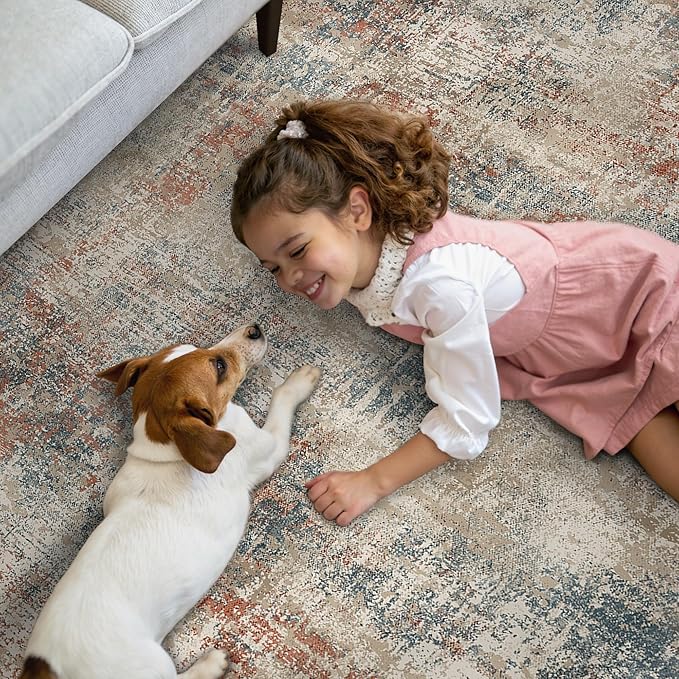 GENIMO Washable Area Rugs for Living Room, 10x14 Modern Non Slip Rugs, Low Pile Lightweight Soft Print Rug for Bedroom, Dining Room, Home Office, Multi