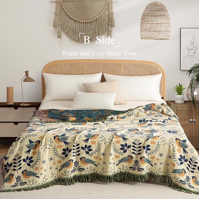Boho Throw Blanket Full Size, Extra Large Soft Cozy Cotton Muslin Quilt Blanket for Bed Decor, Bird Patterned Couch Sofa Chair Cover, Vintage Farmhouse Cottage Woven Blanket, Green&Beige