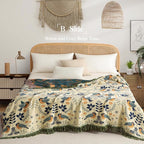 Boho Throw Blanket Full Size, Extra Large Soft Cozy Cotton Muslin Quilt Blanket for Bed Decor, Bird Patterned Couch Sofa Chair Cover, Vintage Farmhouse Cottage Woven Blanket, Green&Beige