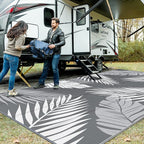GENIMO Outdoor Rug 10' x 20' Waterproof for Patios Clearance, Reversible Outdoor Plastic Straw Camping Rug Carpet, Large Area Rugs Mats for RV, Camper, Deck, Balcony, Porch, Beach, Picnic, Grey&White
