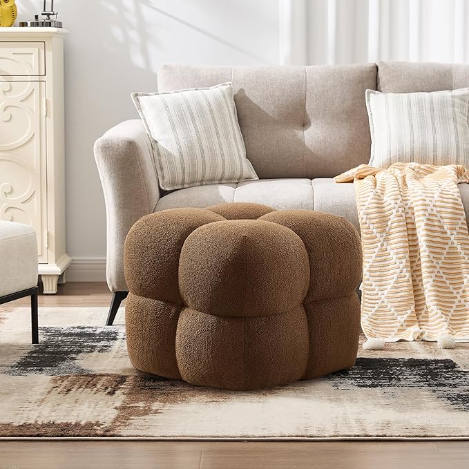 ONEVOG 21" Dark Brown Modern Ottoman, Square Fuzzy Couch Sherpa Pouf Ottoman, Tufted Fluffy Boucle Fabric Foot Stools, Upholsered Footrest & Coffee Table for Living Room Bedroom, Cute Pouf Home Decor