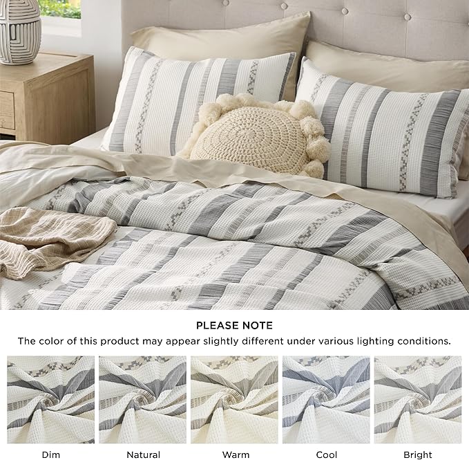 Bedsure Waffle Weave Duvet Cover King - 100% Cotton Boho Duvet Cover with 2 Pillowcases - Cream White Textured Comforter Cover with Zipper Closure (King, 104"x90")