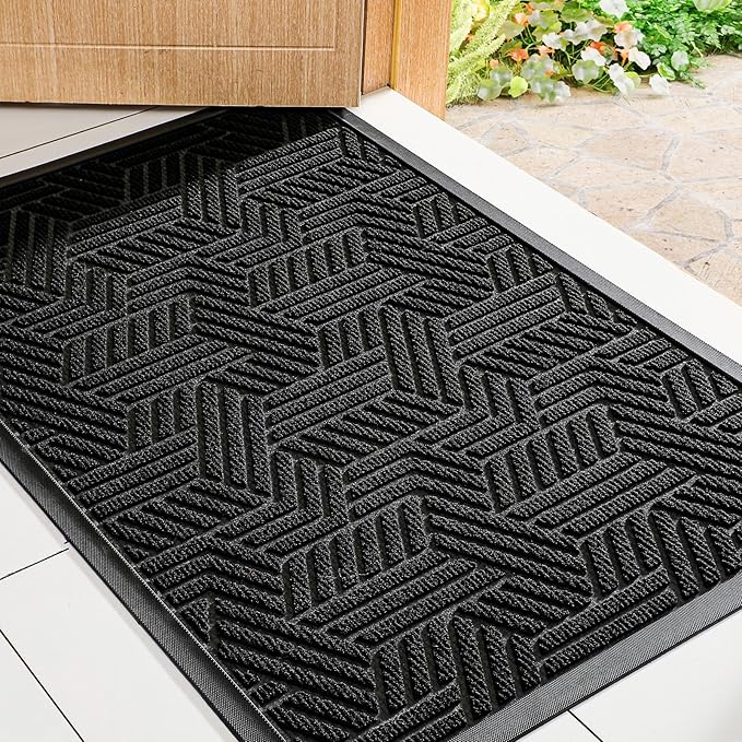 Mibao Front Door Mat Outside Entrance, Durable Outdoor Indoor Mat, Low Profile Heavy Duty Doormat, Non-Slip, Traps Dirt and Moisture, Easy Clean Patio Porch Entryway Mat, 24" x 36", Black