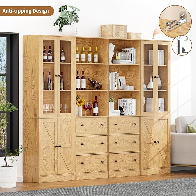 71" Tall Bookshelves Set of 4, 2 Bookcases with Drawers & 2 Bookshelves with Doors, Wooden Bookshelves Floor Standing Display Storage Shelves Home Decor Furniture for Home Office, Living Room