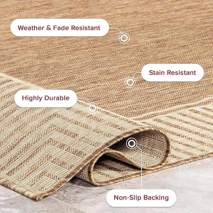 nuLOOM 2x8 Outdoor/Indoor Asha Area Rug, Light Brown, Casual Design With Striped Border, Stain Resistant, Highly Durable, For Patio, Balcony, Bedroom, Living Room, Dining Room, Bathroom