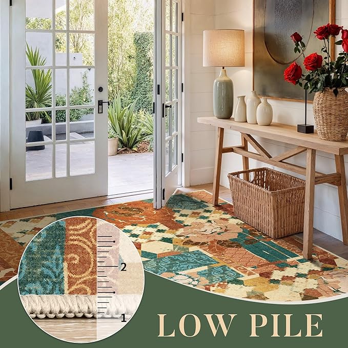 GENIMO Floral Runner Rug 2X6, Machine Washable Non Slip Vintage Patchwork Hallway Runner, Ultra-Thin Low Pile Runners for Indoor Entryway, Hallway, Kitchen and Corridor,Rose Red