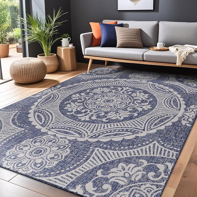 Medallion Outdoor Rug 6x9 Washable Outside Carpet for Indoor Patio Porch Waterproof Easy Cleaning Non Shedding Area Rugs Blue 6 x 9